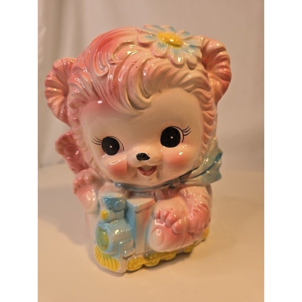 Vtg Japan 3179 ceramic pink pastel bear w daisies riding Train planter 7.25"